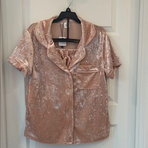 Fashion Nova Velvet Button-Down Shirt in Blush